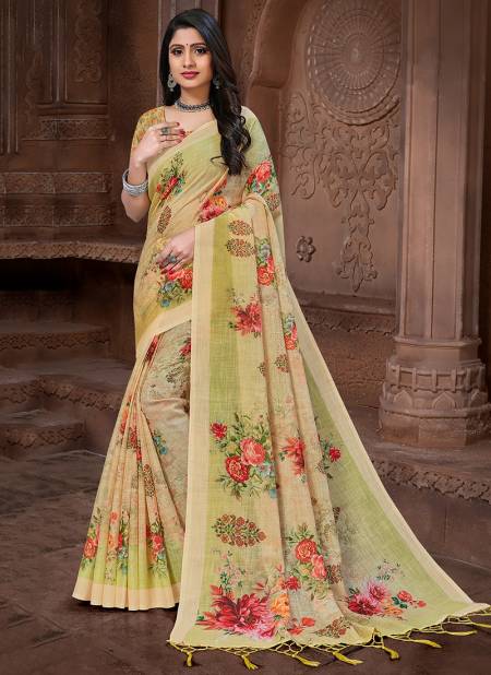 Yellow Colour MAHI VE Fancy Designer Ethnic Wear Linen Digital Print Saree Collection M 05
